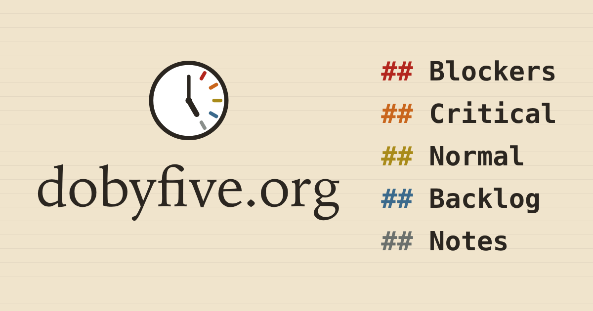 Do by Five at dobyfive.org. Five headings: Blockers, Critical, Normal, Backlog, Notes.
