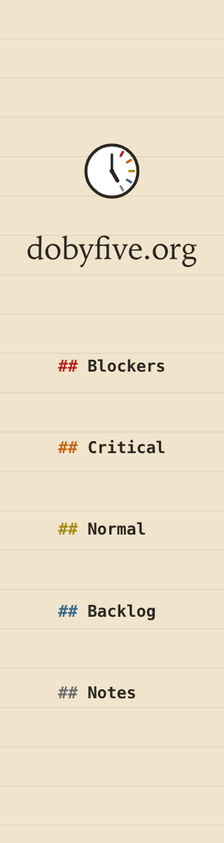 Do by Five at dobyfive.org. Five headings: Blockers, Critical, Normal, Backlog, Notes.