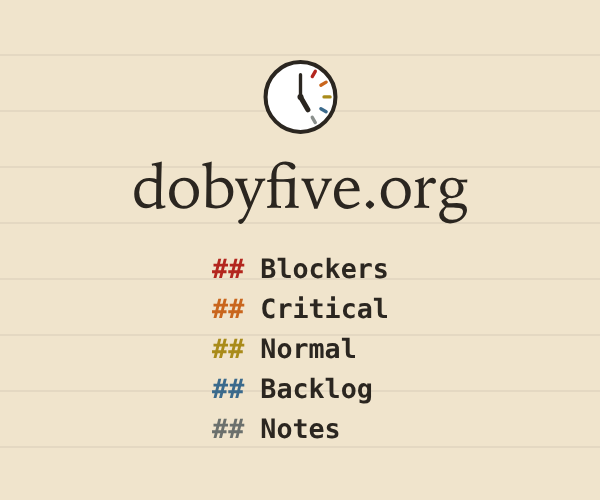 Do by Five at dobyfive.org. Five headings: Blockers, Critical, Normal, Backlog, Notes.