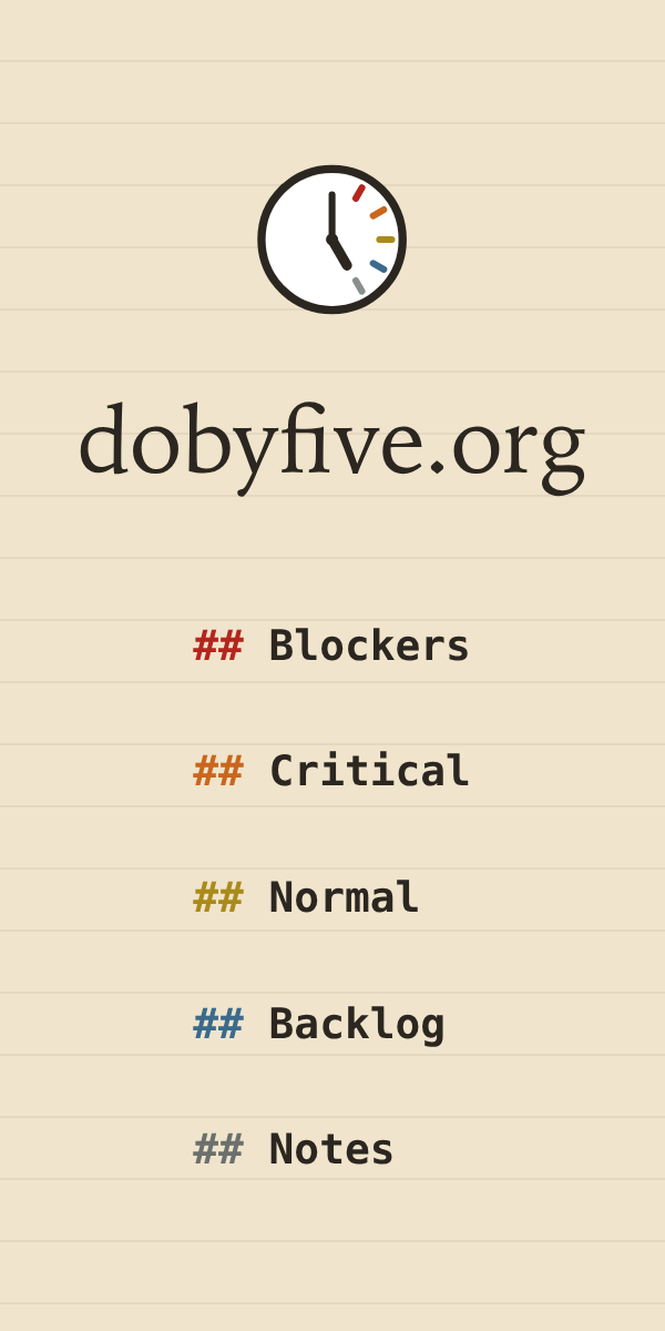 Do by Five at dobyfive.org. Five headings: Blockers, Critical, Normal, Backlog, Notes.