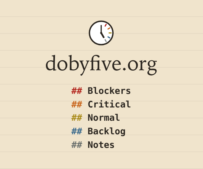 Do by Five at dobyfive.org. Five headings: Blockers, Critical, Normal, Backlog, Notes.