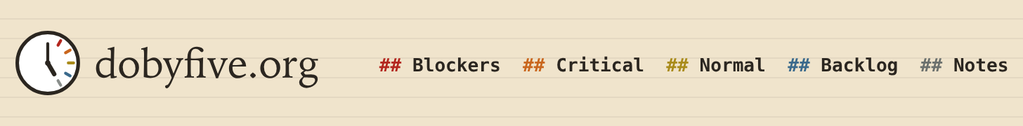 Do by Five at dobyfive.org. Five headings: Blockers, Critical, Normal, Backlog, Notes.